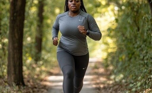 Kvinna joggar på en skogsstig i jämnt tempo