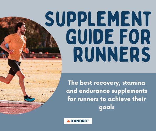 En löpare tränar på en löparbana med texten Supplement Guide for Runners.